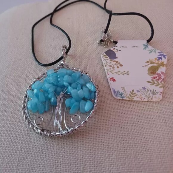 Aquamarine Tree of Life Pendant in Silvertone with Leather Necklace (24 Inches) - Picture 3 of 4